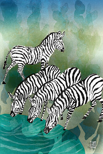 Zebras at the Watering Hole Art Print by Osvaldo Russo