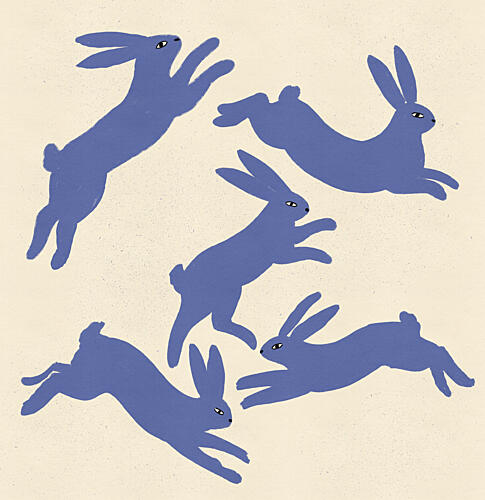 Blue Rabbits Jumping Art Print by Nicholas