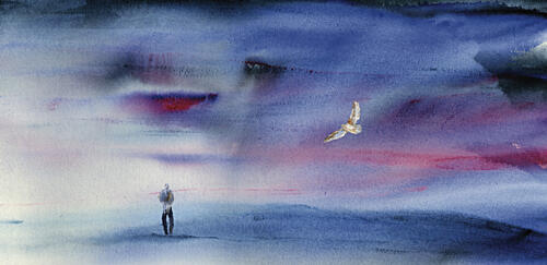 Solitary Figure Owl Flight Art Print by RodMacIver