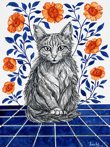 Whimsical Cat Blue Tiles Art Print