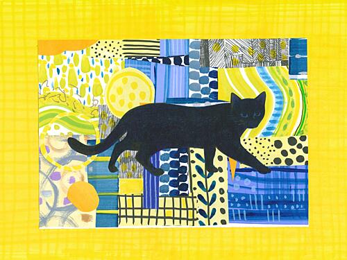 Whimsical Black Cat Stroll Art Print