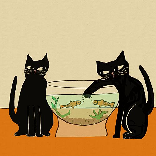 Mischievous Cat and Fish Art Print
