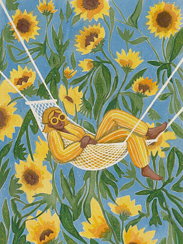 Relaxing Among Sunflowers Art Print by Essa van Reis