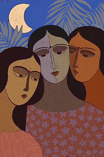 Three Women under Moon Art Print