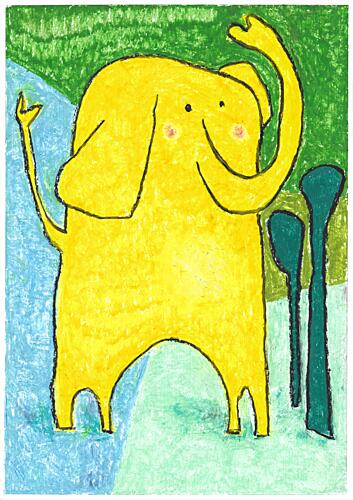 Waving Yellow Elephant Art Print by Annick