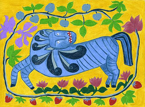 Whimsical Blue Folk Horse Art Print by Viktoriia Saunina