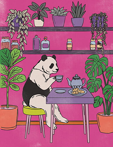 Cozy Panda Tea Time Art Print by Nicholas