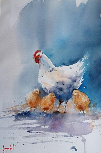 White Hen and Chicks Art Print by Giorgio Gosti