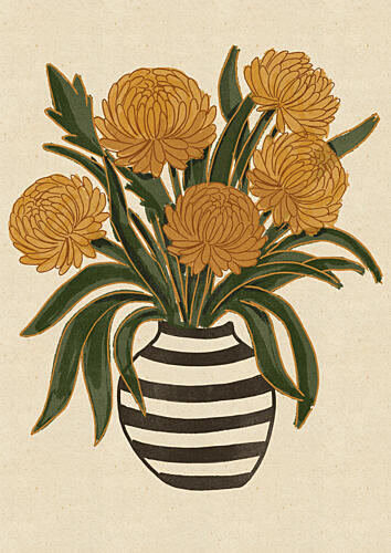 Yellow Chrysanthemums Striped Vase Art Print