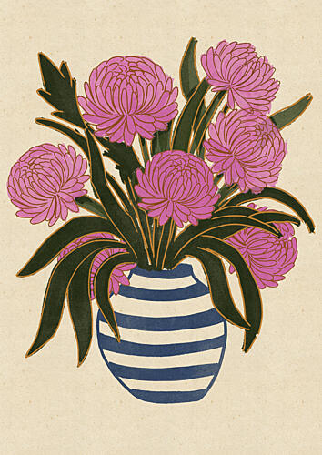 Pink Flowers Striped Vase Art Print by Nicholas