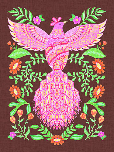 Colourful Whimsical Boho Folk Art Bird in Vibrant Pink and Blue Bohème reproduction
