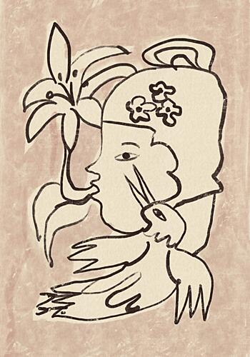 Minimalist Woman Bird Lily Art nouveau reproduction