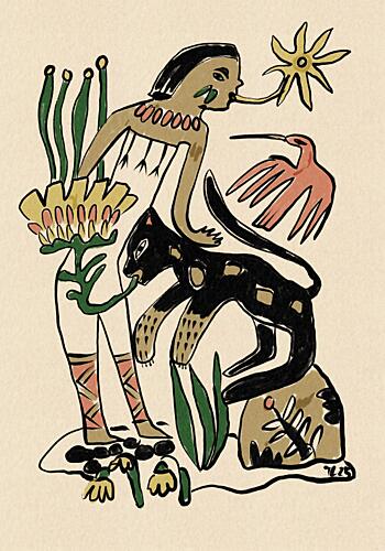 Folk Figure and Panther Art Print by Raipa Studio