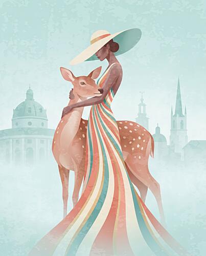 Elegant Woman Deer Embrace Art Print