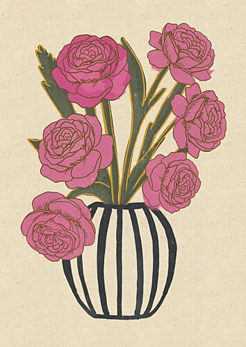 Pink Blooms Striped Vase Art Print by Nicholas