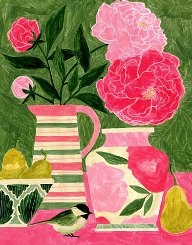 Vibrant Peonies and Bird Art Print by Susan Black