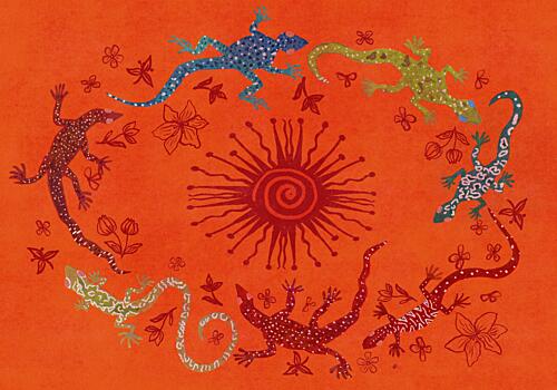 Vibrant Lizards and Sun Art Print