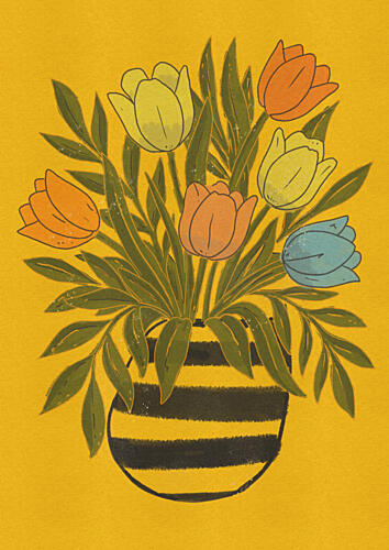 Colorful Tulips in Striped Vase Art Print by Nicholas