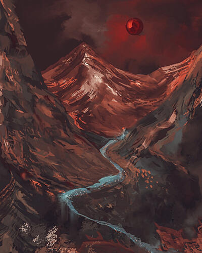 Red Moon River Valley Art Print by Josie George