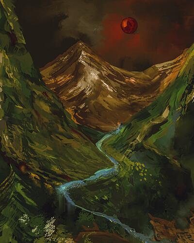 Dramatic Red Moon Valley Art Print by Josie George