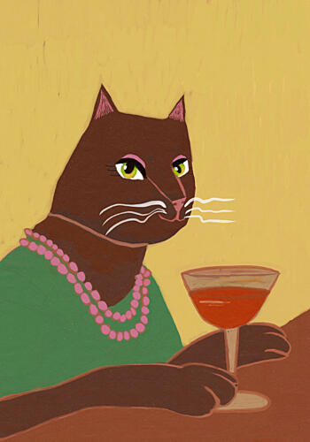 Red Wine Drinking Cat at Bar Art Print