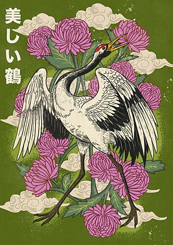 Japanese Crane Chrysanthemums Art japonais reproduction
