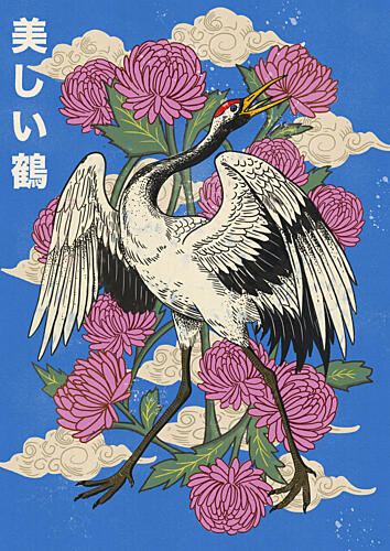 Elegant Japanese Crane Blooms Art japonais reproduction