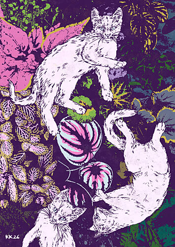 Playful Cats and Plants Art Print