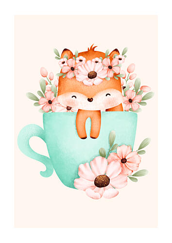 Sweet Fox Teacup Flowers Art Print by Saskia Michele