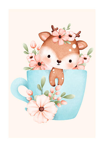 Woodland Floral Baby Deer in Cup Art Print by Saskia Michele