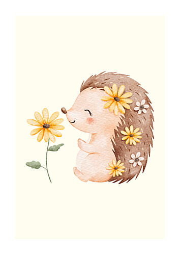 Happy Hedgehog Smelling Daisy Art Print by Saskia Michele