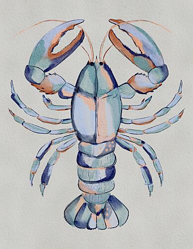 Watercolor Blue Lobster Océan reproduction