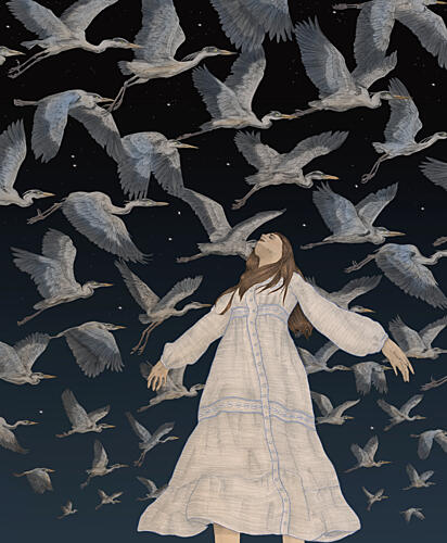 Woman Amidst Night Herons Surréaliste reproduction