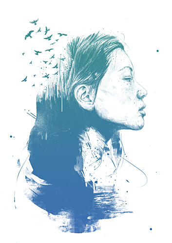 Woman Profile Flying Birds Art Print