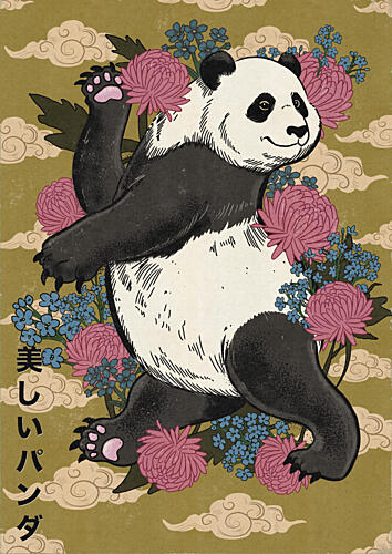 Happy Panda with Flowers Art Print by Nicholas