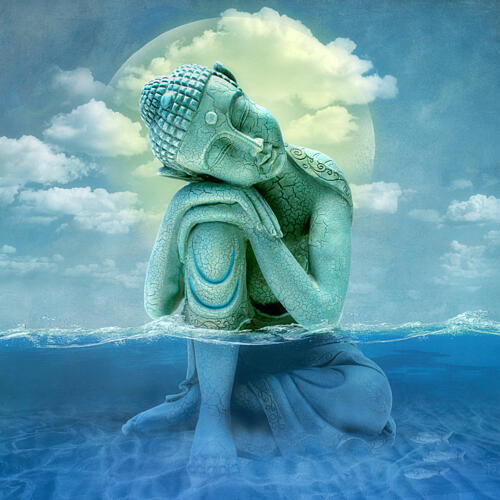 Serene Buddha Moonlit Water Art Print