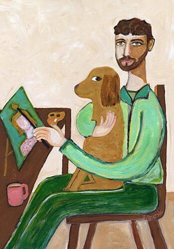 Man Painting with Dog Café reproduction