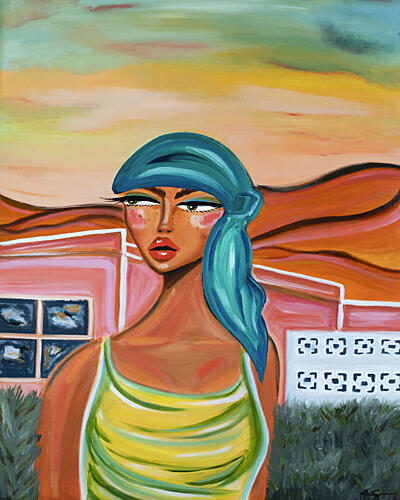 Woman in Desert Oasis Géométrique reproduction
