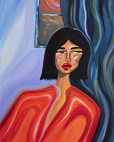 Woman in Red by Window Moderne reproduction