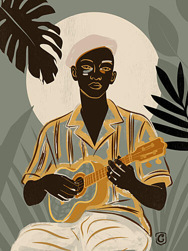Tropical Man Playing Ukulele Bohème reproduction