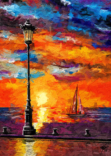 Vibrant Sunset Sailboat Océan reproduction