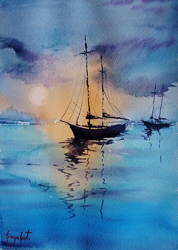 Sunset Sailboats Reflection Impressionniste reproduction