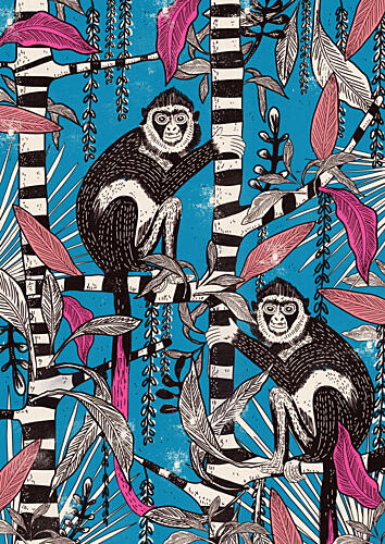 Tropical Jungle Monkeys Art déco reproduction