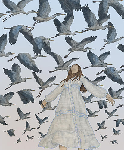 Woman and Flying Herons Surréaliste reproduction