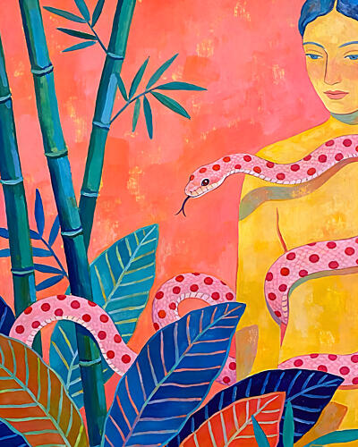 Woman Pink Snake Jungle Moderne reproduction