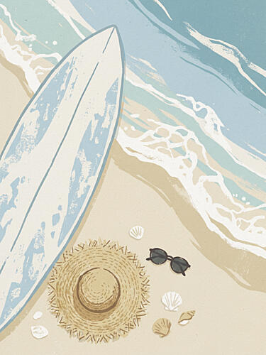 Surfboard and Summer Hat Océan reproduction