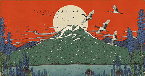 Mount Fuji Cranes Sunrise Montagne reproduction