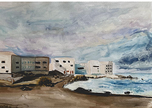 Coastal Buildings Stormy Sea Océan reproduction