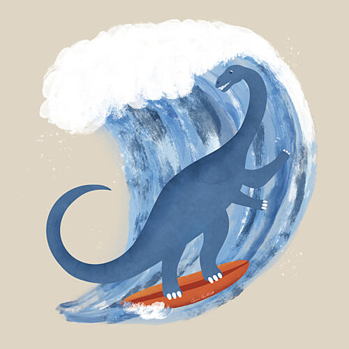 Whimsical Surfing Dinosaur Océan reproduction