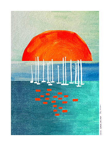 Orange Sun Sailboats Océan reproduction
